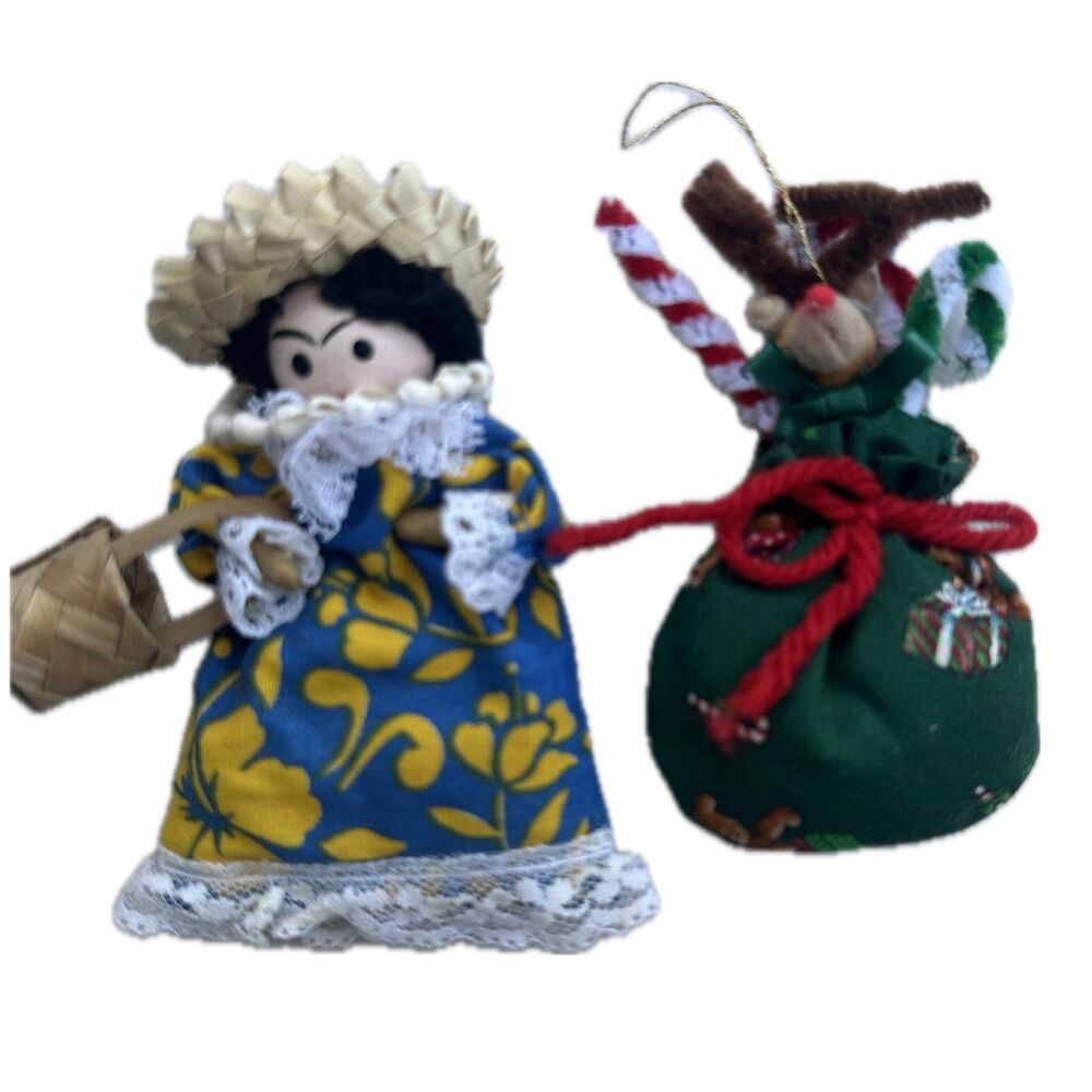 Handcrafted Handmade Vintage Hawaiian Tutu Wahine Kupuna Rudolph Sack Ornaments